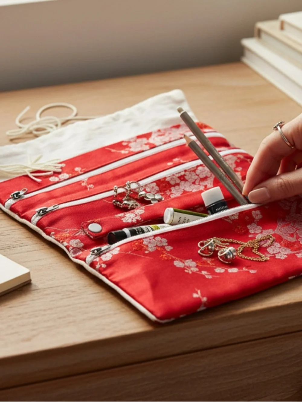 Vintage Red Silk Brocade Jewelry Roll Organizer Travel Case Floral